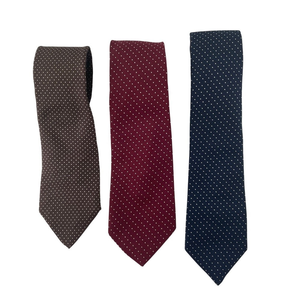3 Vintage Silk Tie Dior Hardy Ames  Men Navy Red Brown Polka Dot Neck Preppy